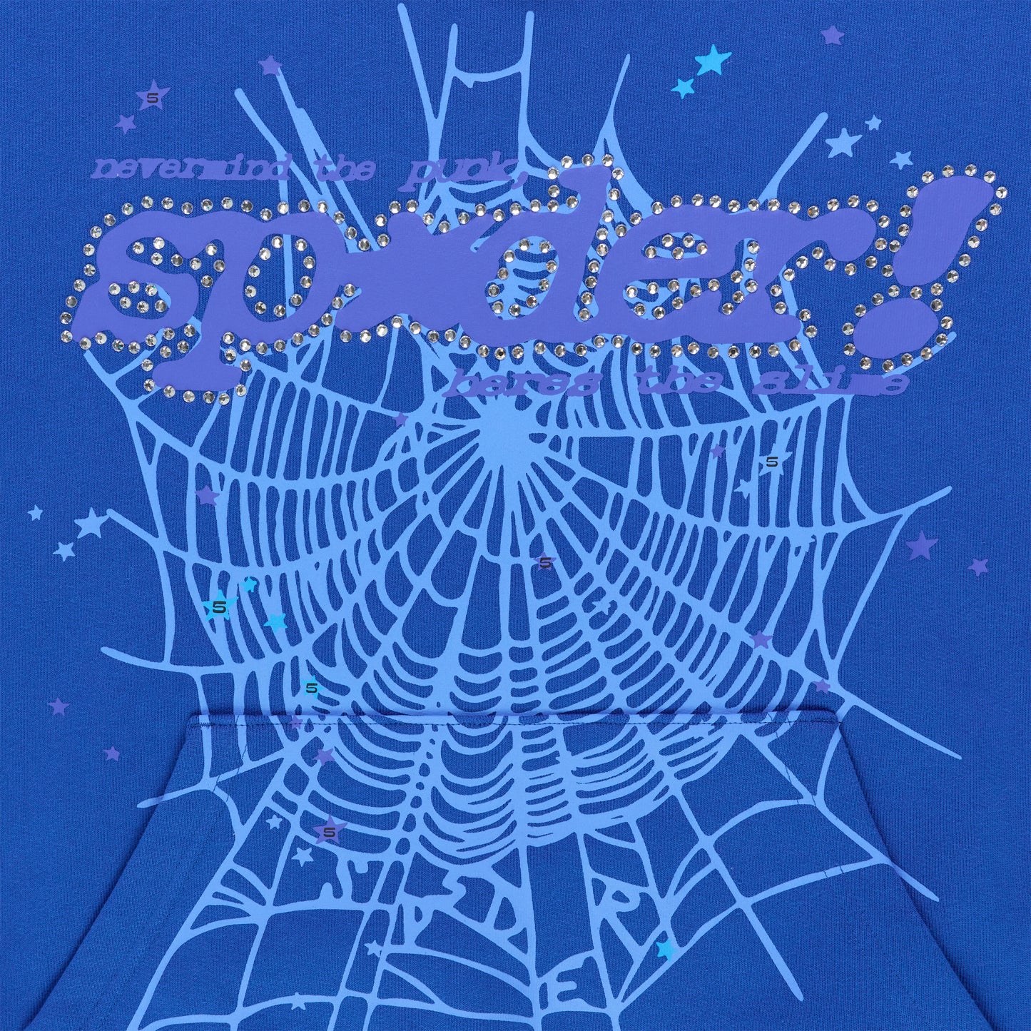 Blue hoodie with "SPIDER" in purple rhinestones over a large spiderweb graphic.