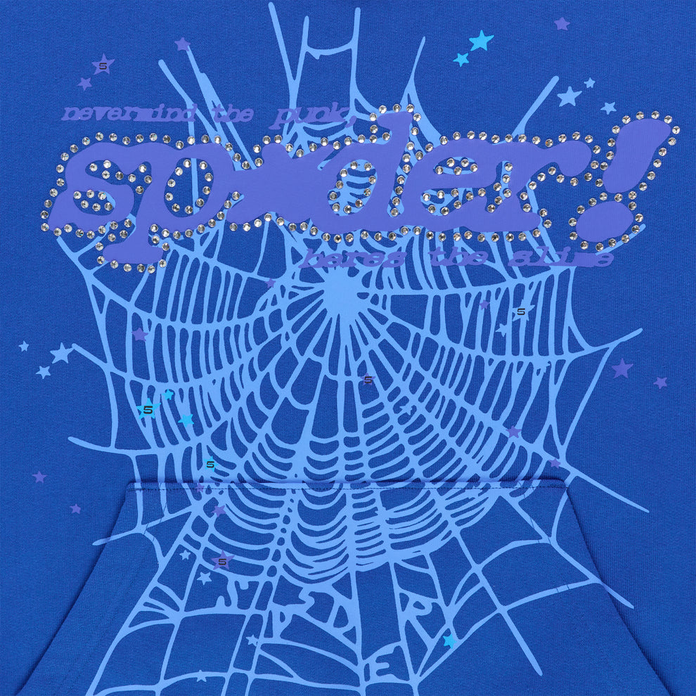 Blue hoodie with "SPIDER" in purple rhinestones over a large spiderweb graphic.