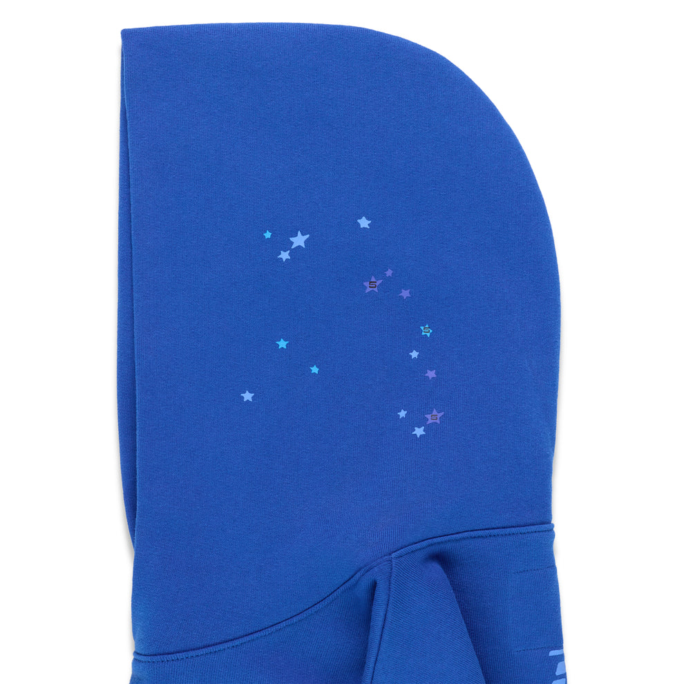 Blue RHINESTONE PUNK V2 HOODIE hood with scattered purple and blue star rhinestones.