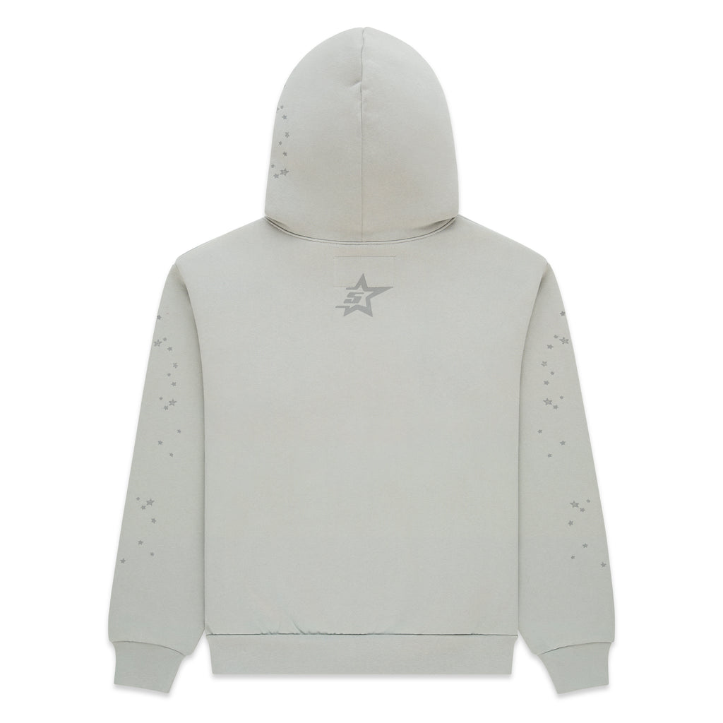 TONAL PUNK V2 HOODIE, light grey 100% cotton fleece with subtle scattered star print and back star logo.