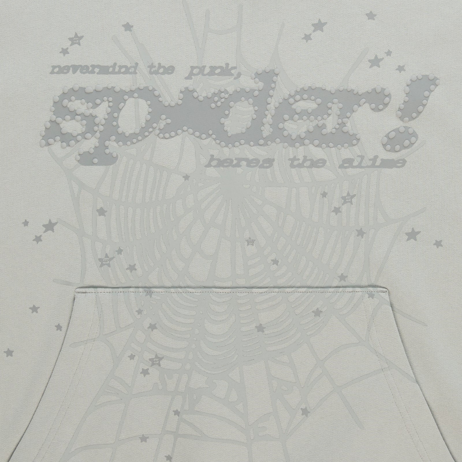 Light grey cotton fleece hoodie with "SP5DER!" puff print, spider web, and scattered star designs.