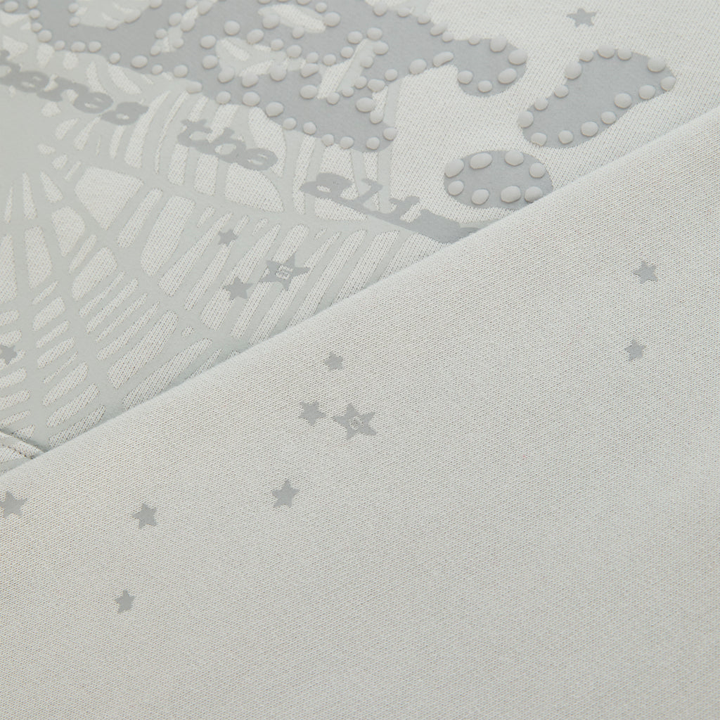 Light grey cotton fleece hoodie with puff print P*NK SP5DER motif, web, and scattered star design.