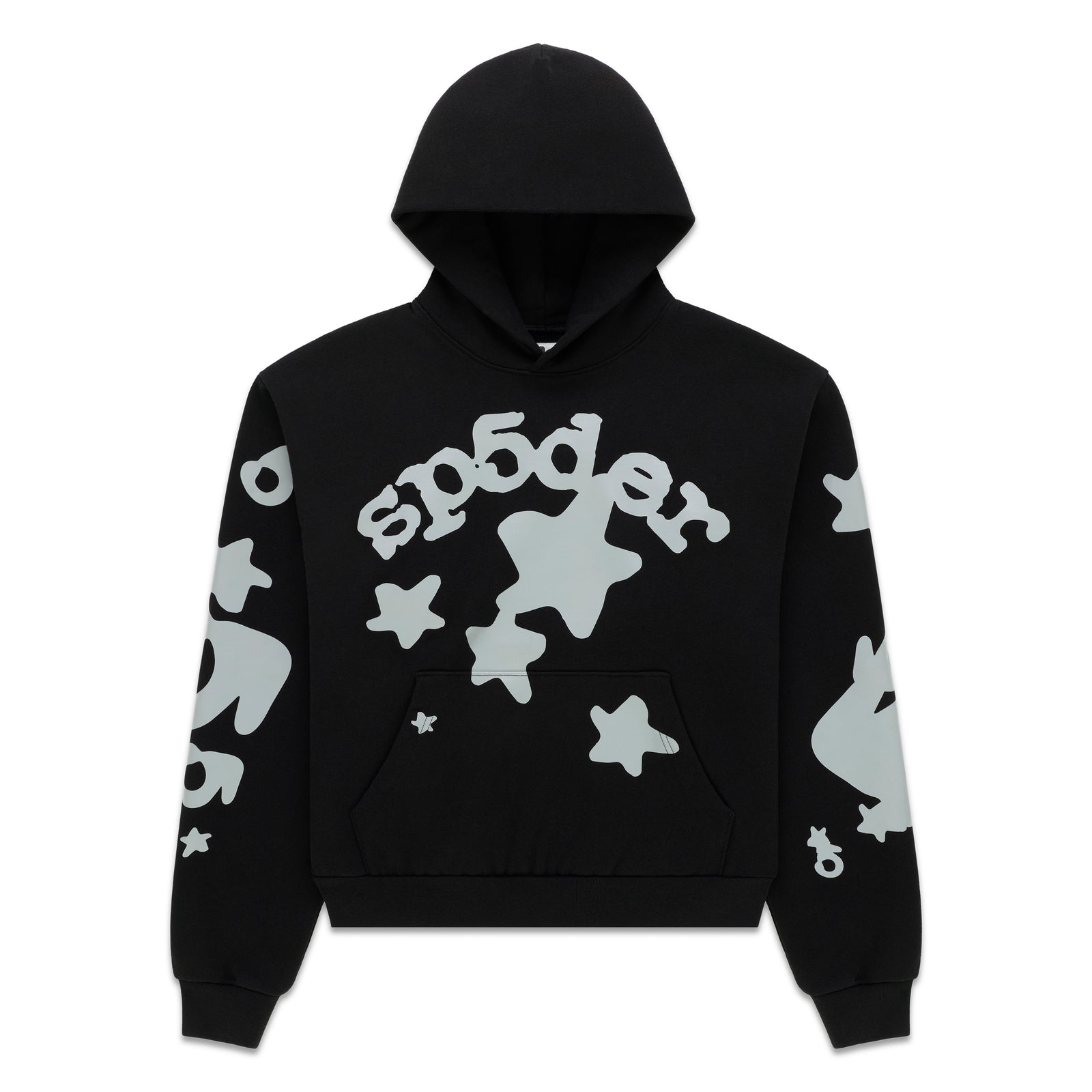 Black cotton fleece hoodie with reflective 'SP5DER' text and star print, kangaroo pocket.