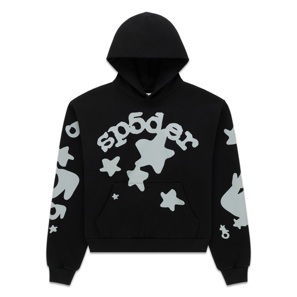 Black cotton fleece hoodie with reflective 'SP5DER' text and star print, kangaroo pocket.