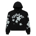 Black cotton fleece hoodie with reflective 'SP5DER' text and star print, kangaroo pocket.
