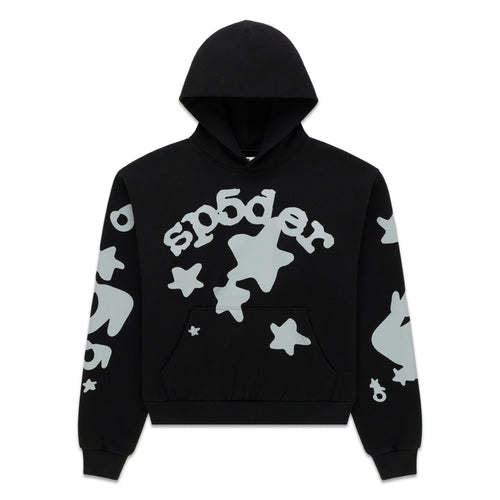 Black cotton fleece hoodie with reflective 'SP5DER' text and star print, kangaroo pocket.