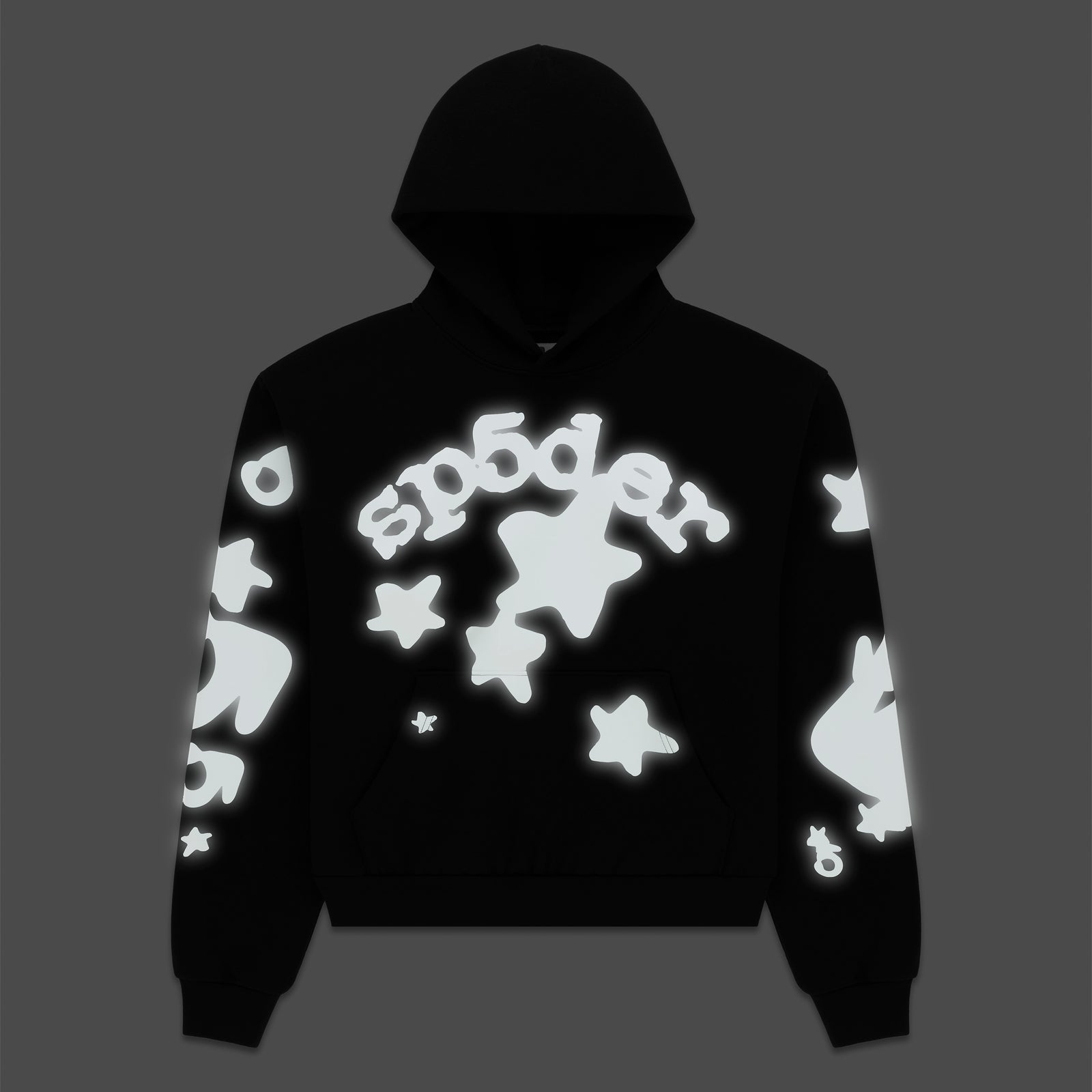 Black cotton fleece hoodie with reflective 'SP5DER' text and star print.