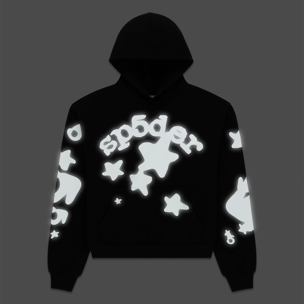 Black cotton fleece hoodie with reflective 'SP5DER' text and star print.