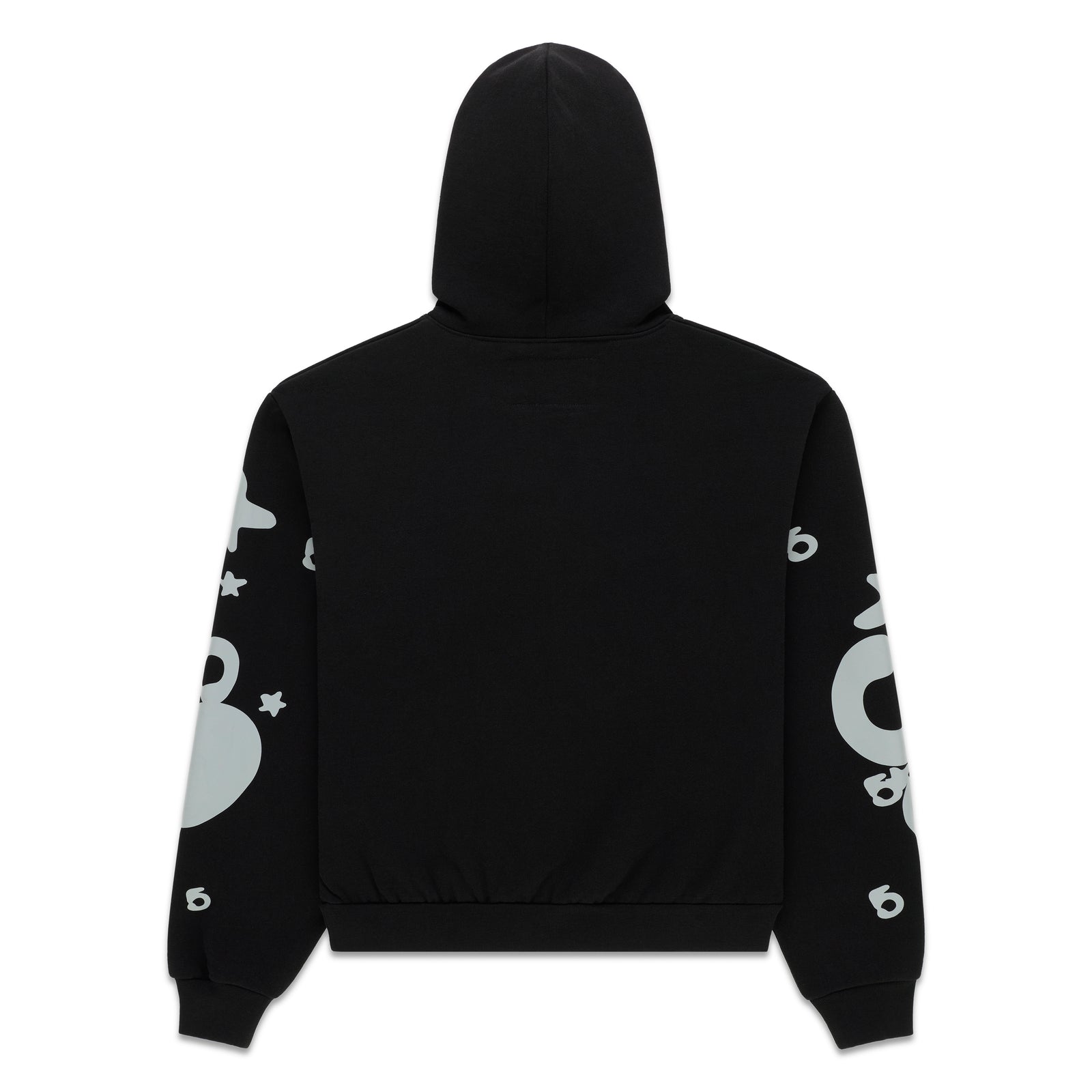 Black cotton fleece hoodie with reflective 'SP5DER' and star print on sleeves, back view.