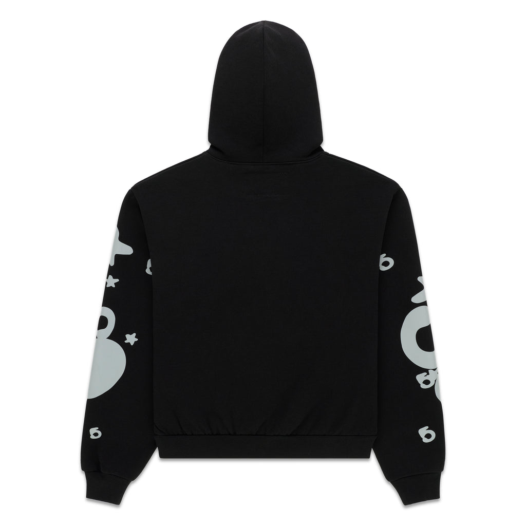 Black cotton fleece hoodie with reflective 'SP5DER' and star print on sleeves, back view.