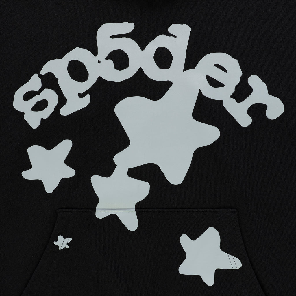 Black cotton fleece hoodie with reflective 'SP5DER' text and star print, featuring a kangaroo pocket.