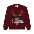 Maroon knit sweater with a distressed graphic print featuring an eagle, stars, and "555EX Houston, TX".