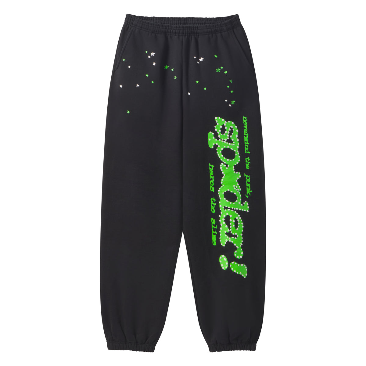 Black cotton fleece sweatpants with green puff print Spider graphic, scattered star designs, elasticized waistband, and cuffs.