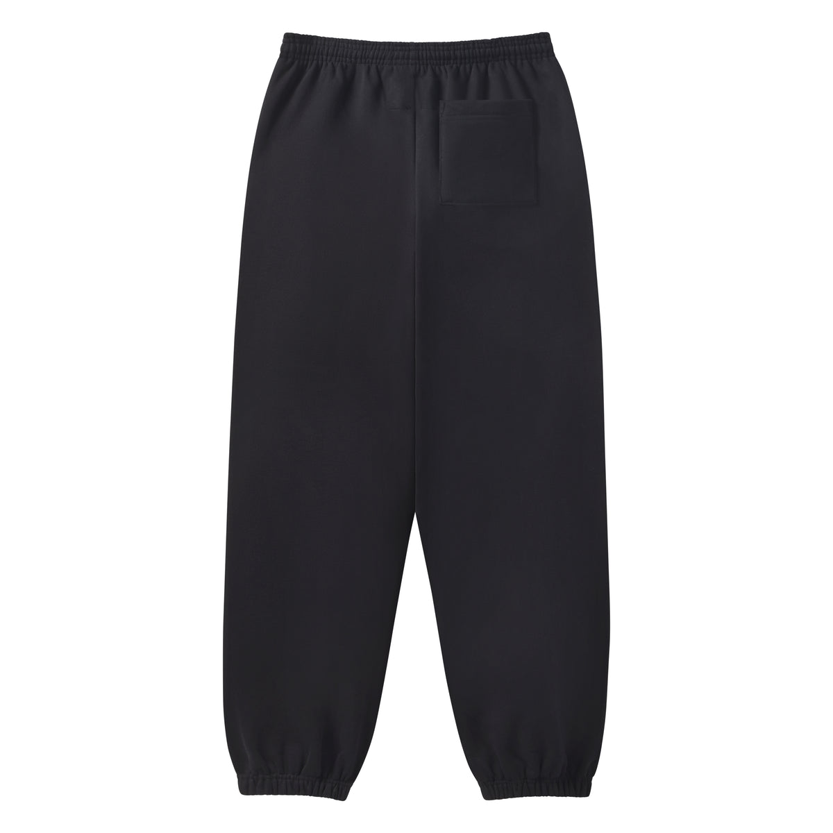 Black 13oz cotton fleece sweatpants with an elasticized waistband, cuffs, and a single back pocket.