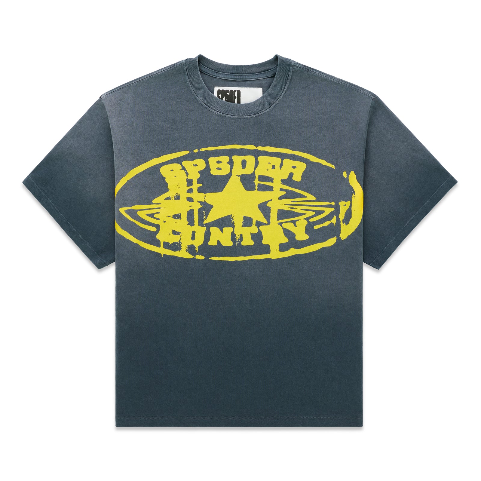 SP5DER CUNTRY TEE: Faded black cotton tee with a distressed yellow graphic print.