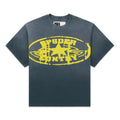 SP5DER CUNTRY TEE: Faded black cotton tee with a distressed yellow graphic print.
