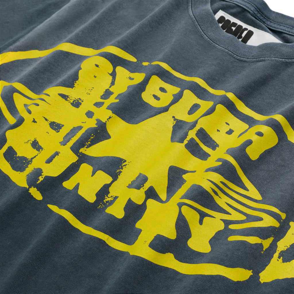 Faded charcoal cotton tee with a large, distressed yellow graphic print on the front.