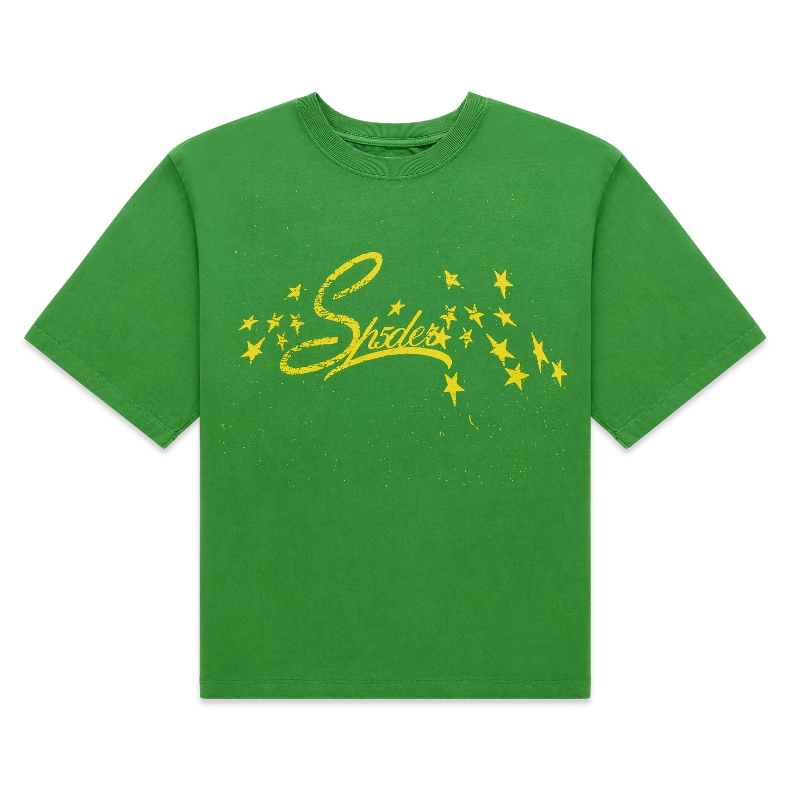 Green cotton tee with yellow "Sp5der" graphic and stars, standard fit.
