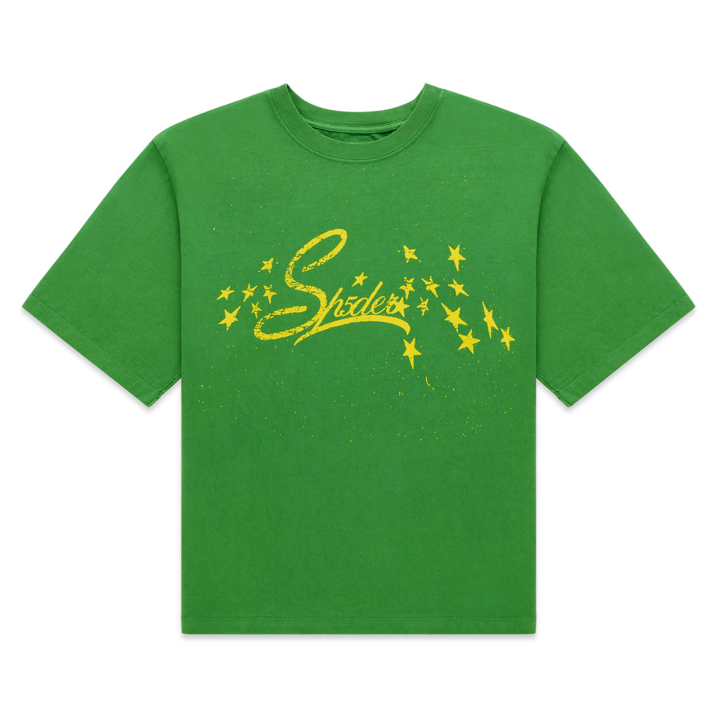 Green cotton tee with yellow "Sp5der" graphic and stars, standard fit.