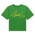 Green cotton tee with yellow "Sp5der" graphic and stars, standard fit.
