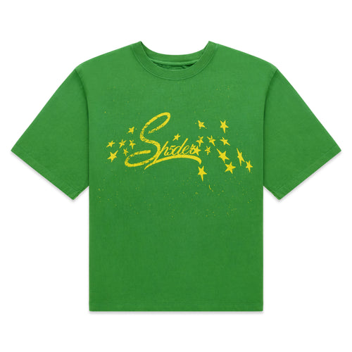 Green cotton tee with yellow "Sp5der" graphic and stars, standard fit.