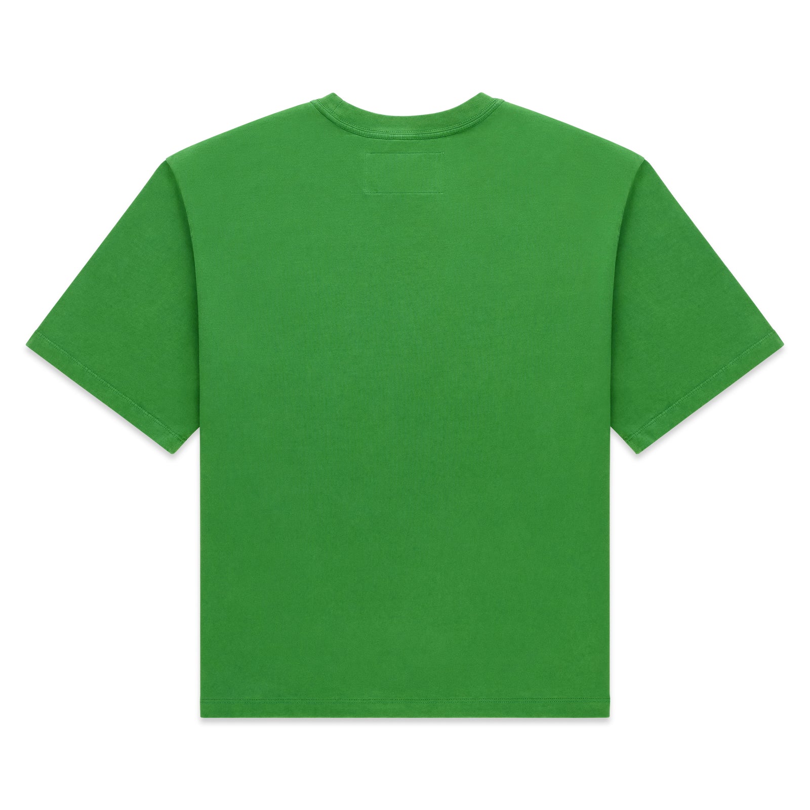 Back of a plain green 100% cotton lightweight tee with a standard fit.