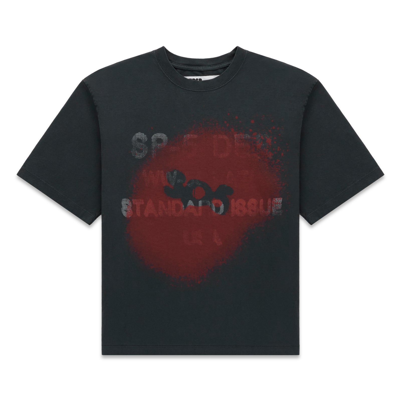 Black cotton tee with a distressed red graphic print and "STANDARD ISSUE" text.