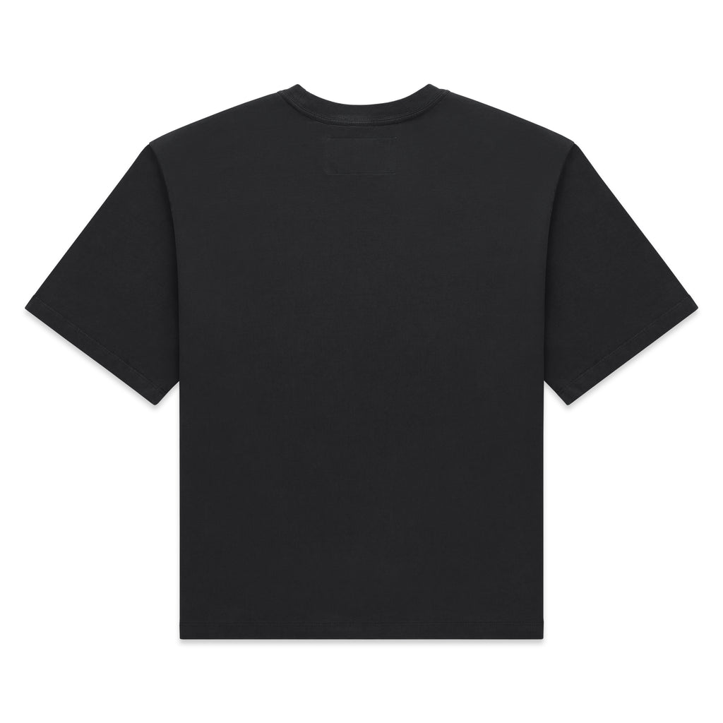 Black 100% cotton lightweight tee, back view.