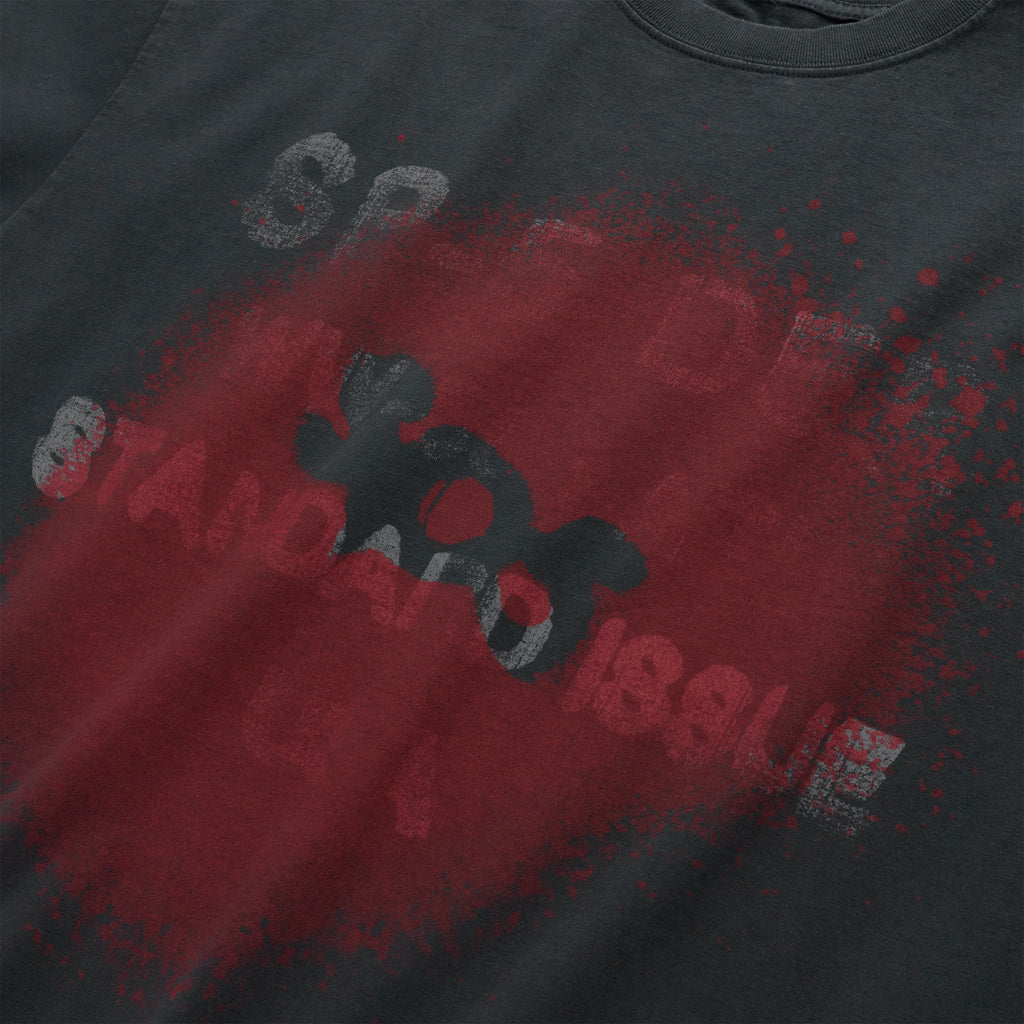 Dark gray 100% cotton tee with a red splatter graphic and "STANDARD ISSUE" text.
