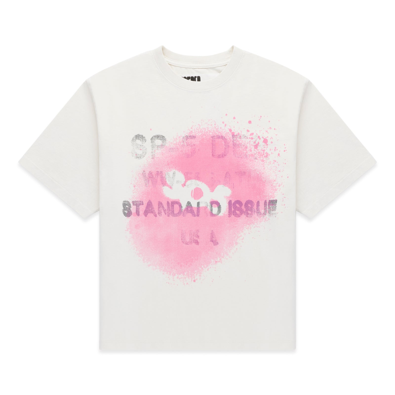 White 100% cotton lightweight tee with a distressed black "STANDARD ISSUE" graphic and pink spray paint design.