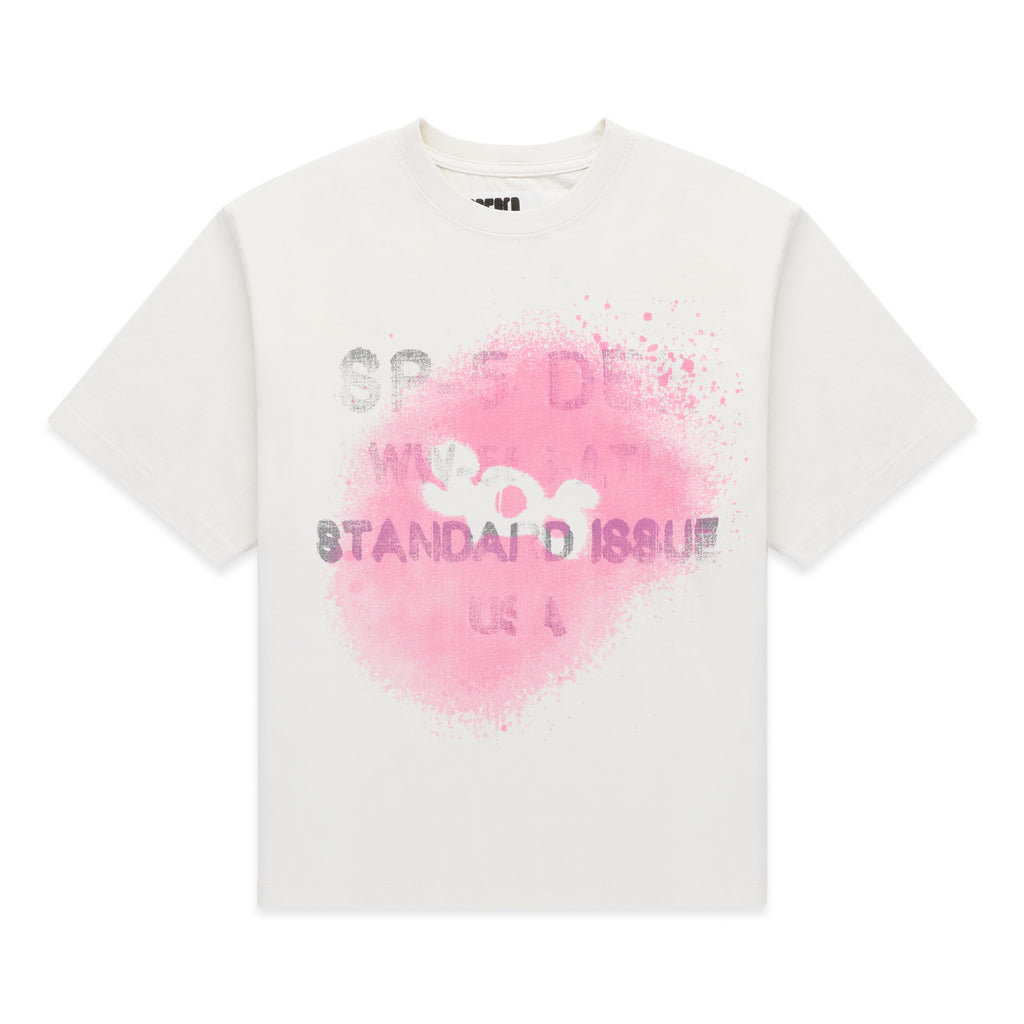 White 100% cotton lightweight tee with a distressed black "STANDARD ISSUE" graphic and pink spray paint design.