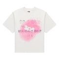 White 100% cotton lightweight tee with a distressed black "STANDARD ISSUE" graphic and pink spray paint design.