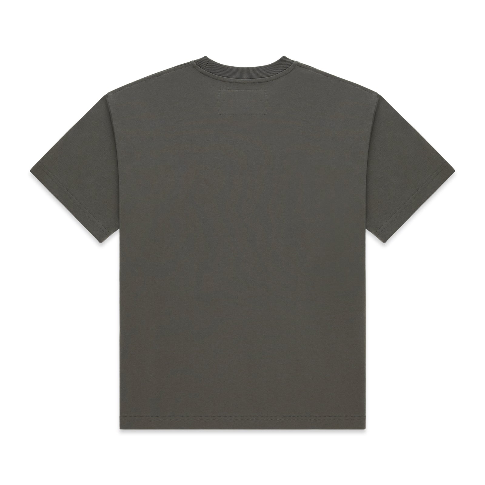 Back of a plain dark gray 100% cotton lightweight standard fit tee.
