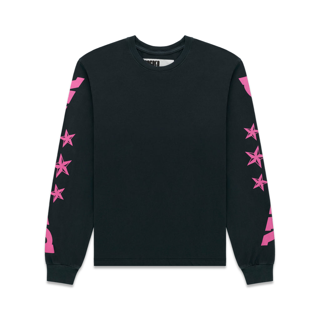 Black cotton long sleeve tee with pink graphic print stars and text on sleeves, ribbed collar and cuffs.