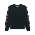 Black cotton long sleeve tee with pink graphic print stars and text on sleeves, ribbed collar and cuffs.