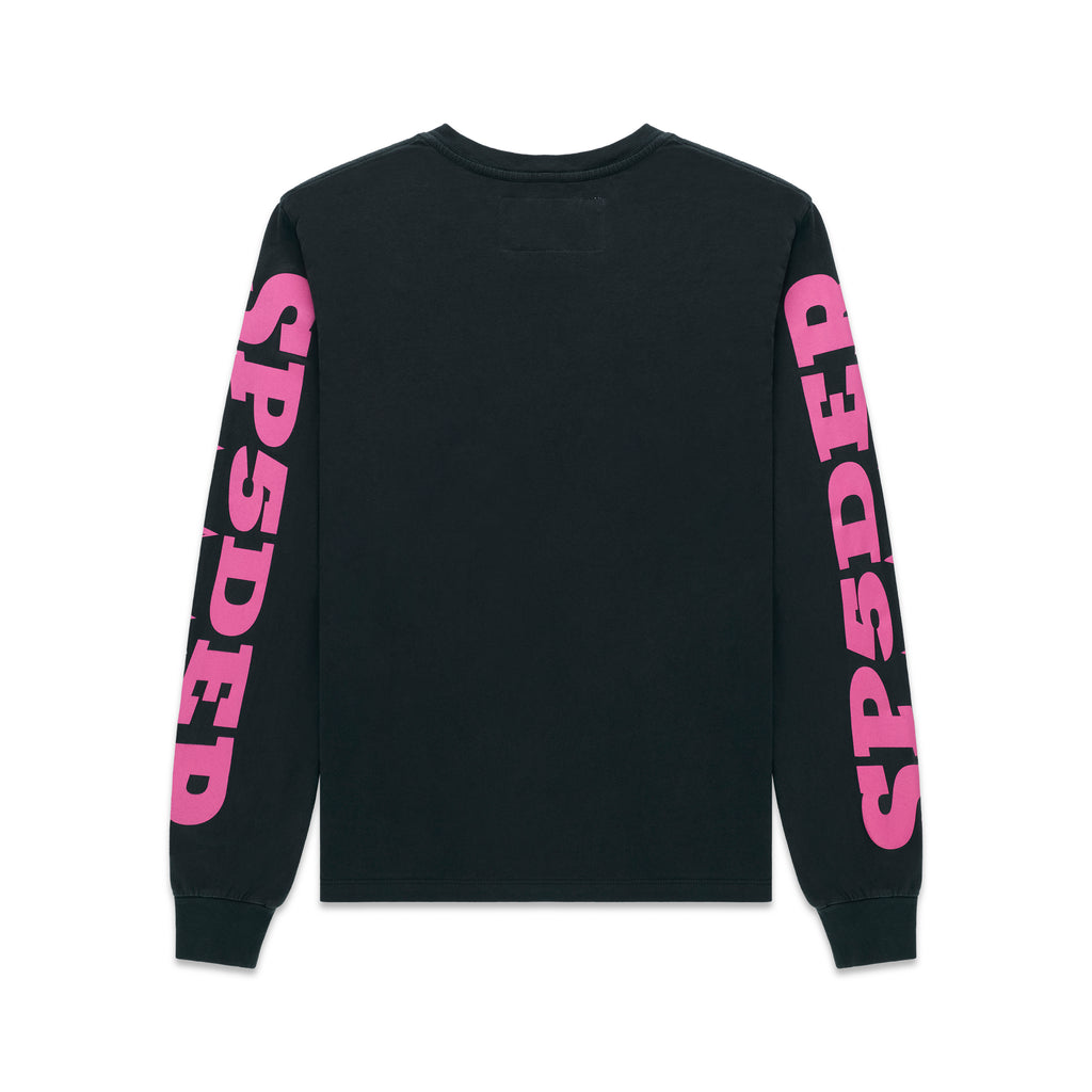 Black cotton long sleeve tee with bold pink "SP5DER" graphic print on both sleeves.