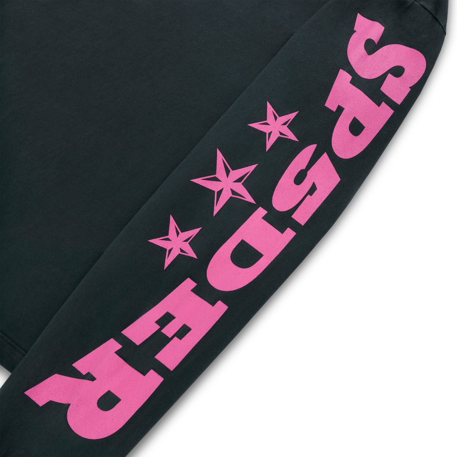 Black cotton long sleeve tee with bold pink "SP5DER" graphic and stars on the sleeve.