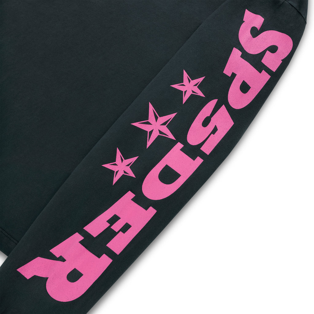 Black cotton long sleeve tee with bold pink "SP5DER" graphic and stars on the sleeve.