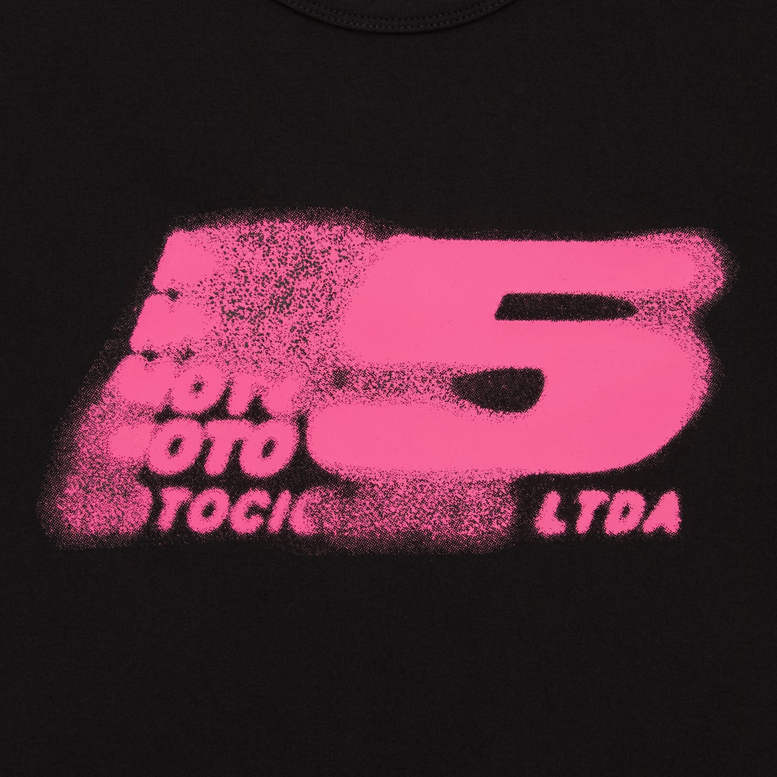 Black cotton/spandex cropped baby tee with a distressed pink "MOTO 5" graphic print.