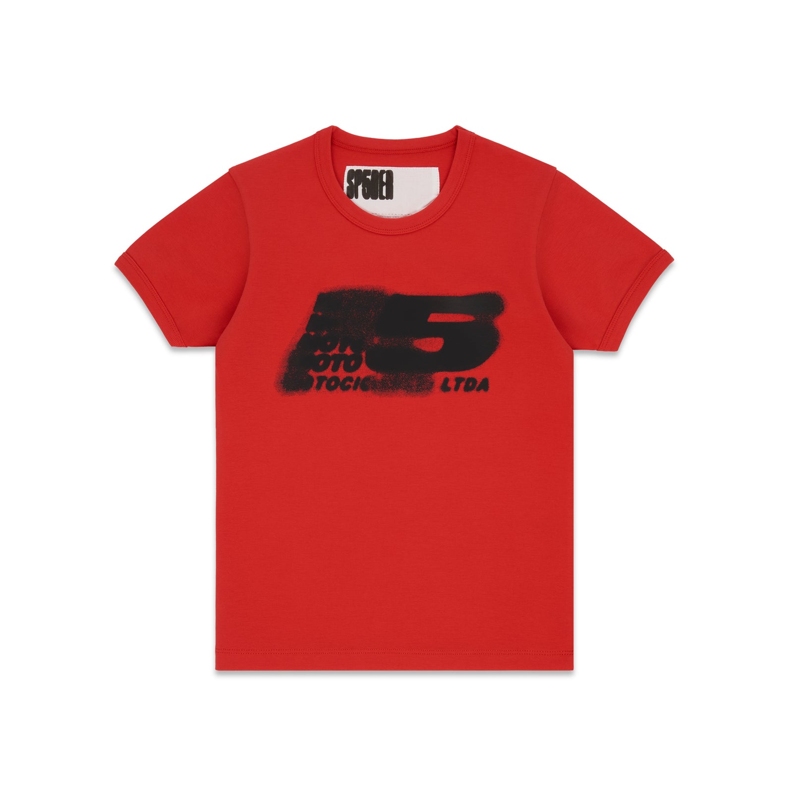 Red cropped cotton/spandex baby tee with black 'MOTO 5' graphic print on front.