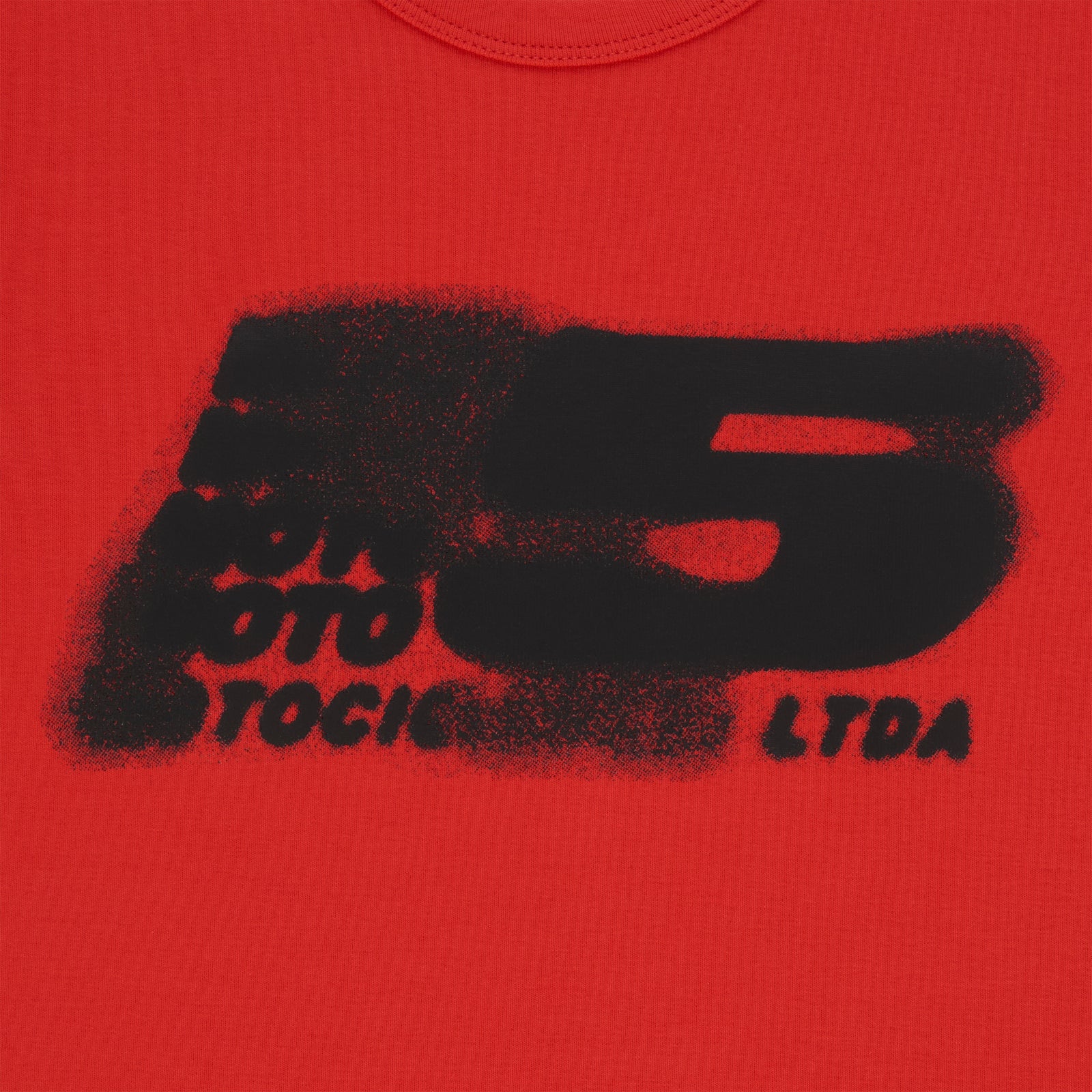 Red cotton/spandex cropped baby tee with distressed black "MOTO 5" graphic print.