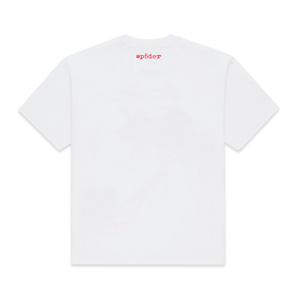 Back of a white cotton Vivienne tee with a small red 'SP5DER' logo on the back neck.