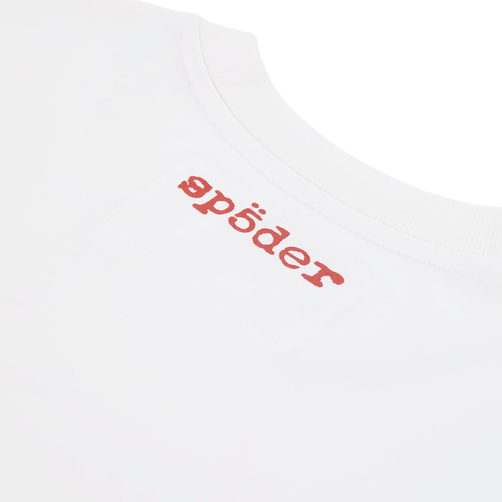 White cotton Vivienne Tee with red 'sp5der' graphic print on the front.