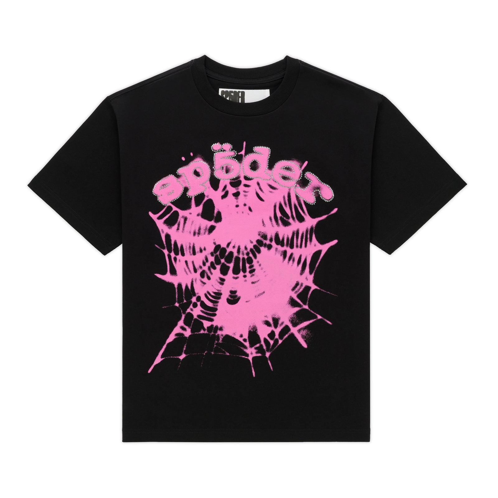 Black cotton tee with pink "SP5DER" text lined with rhinestones and a pink spiderweb graphic.