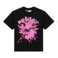 Black cotton tee with pink "SP5DER" text lined with rhinestones and a pink spiderweb graphic.