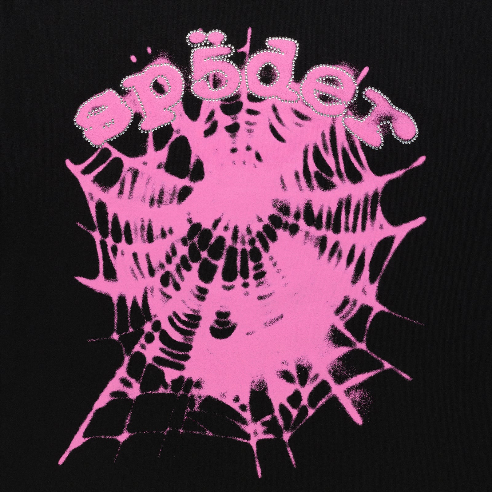 Black cotton tee with pink spiderweb graphic and "SP5DER" text lined with rhinestones.