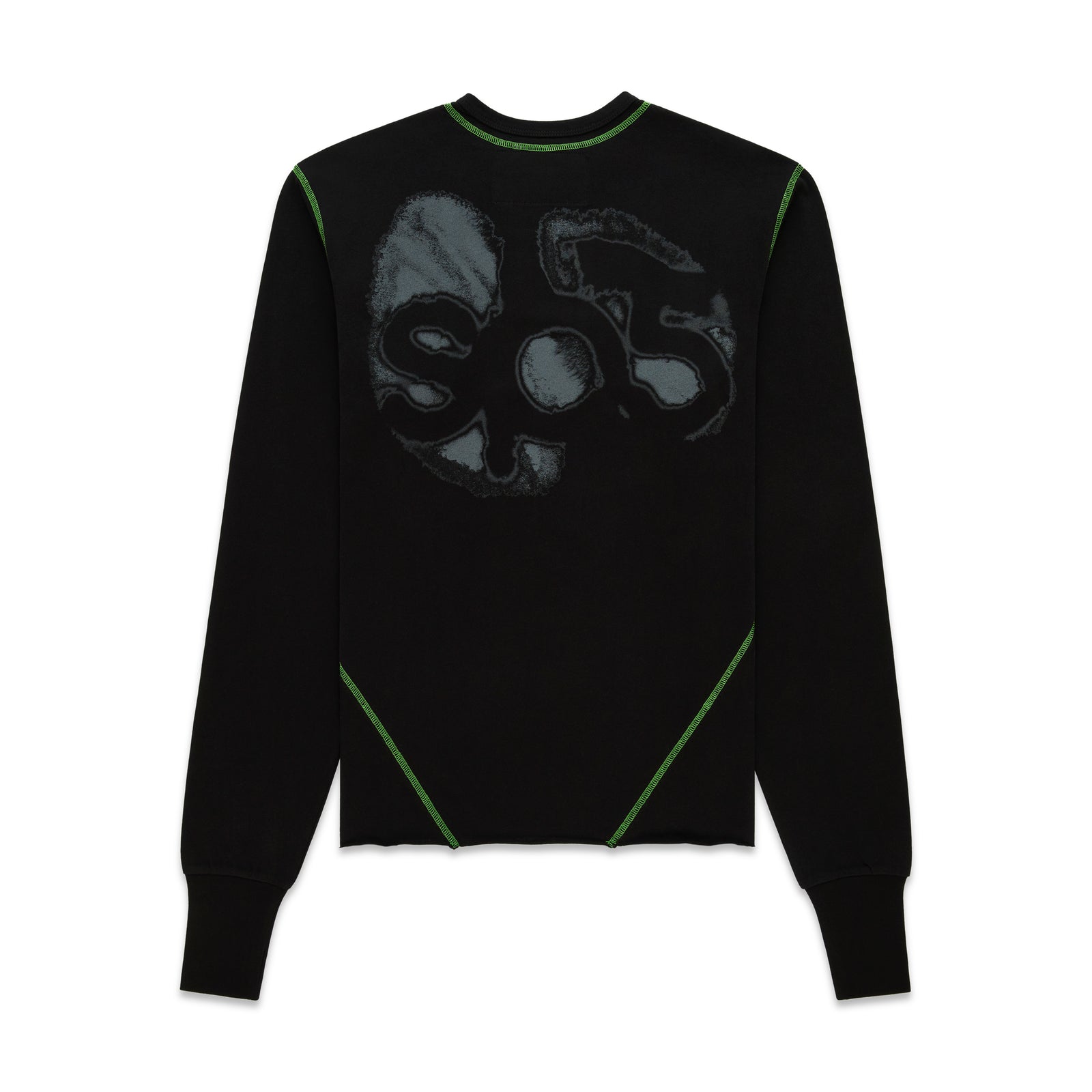 Black cotton long sleeve tee with a gray graphic print and contrast green stitching.
