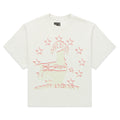 White cotton ANNIVERSARY TEE with red graphic print of a figure surrounded by stars.
