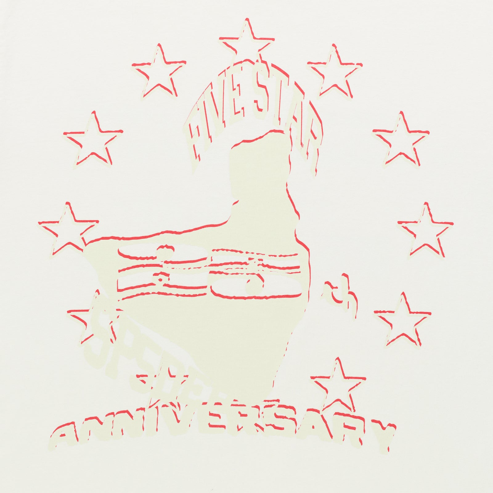 White cotton ANNIVERSARY TEE with red graphic print of a figure, "FIVESTAR" and "ANNIVERSARY" text, and stars.