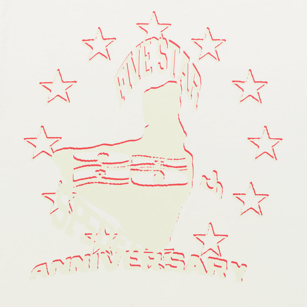 White cotton ANNIVERSARY TEE with red graphic print of a figure, "FIVESTAR" and "ANNIVERSARY" text, and stars.
